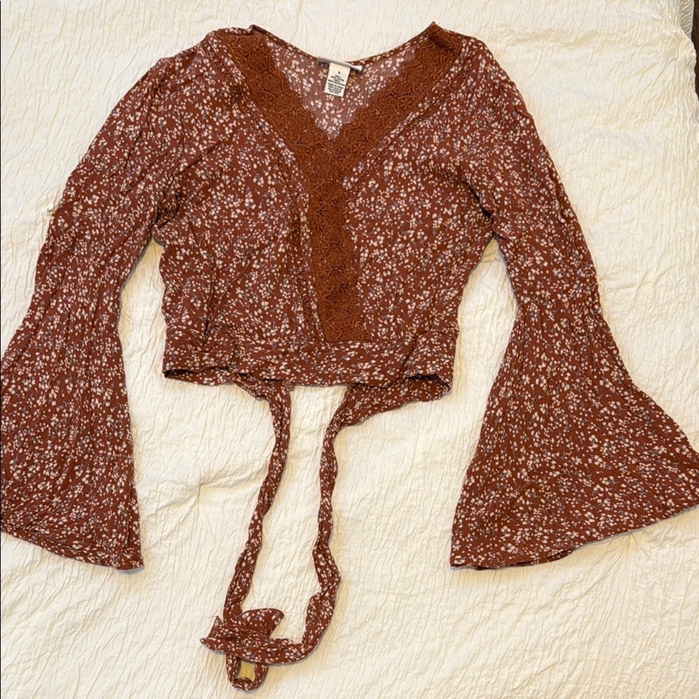 Floral Brown Flared Sleeves Wrap Top